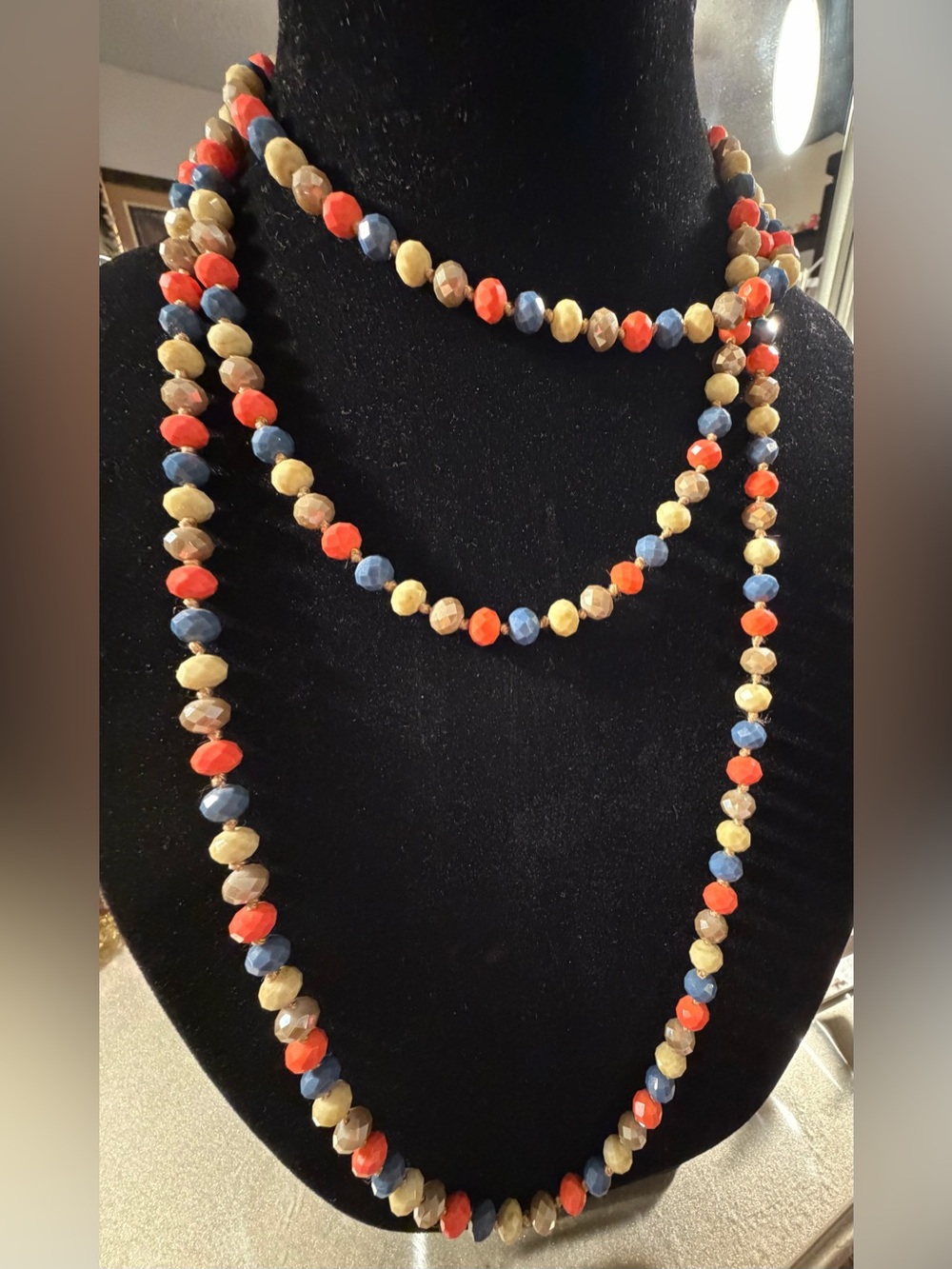 Multicolor Faceted Bead Long Necklace — Navy, Coral & Beige
